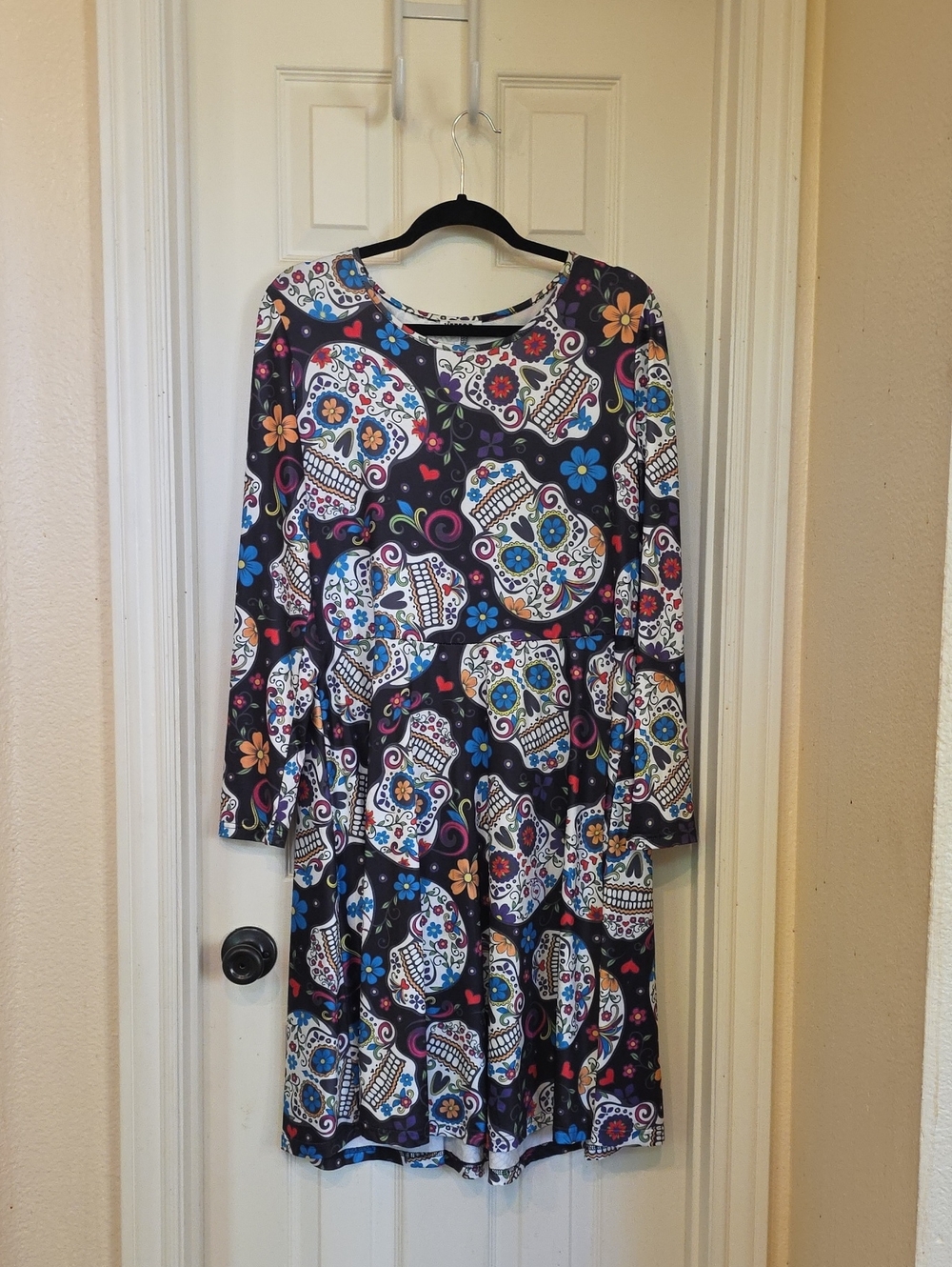 Black Sugar Skull Print Long Sleeve Fit & Flare Dress